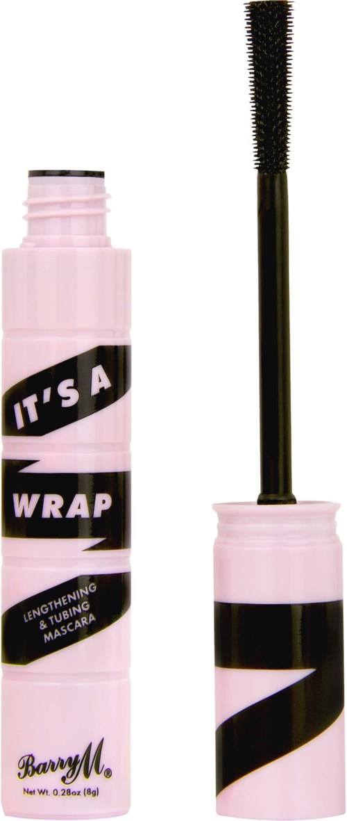 Roze mascara tube met zwart-wit label, borstel ernaast, tekst op label zegt 'IT'S A WRAP'.