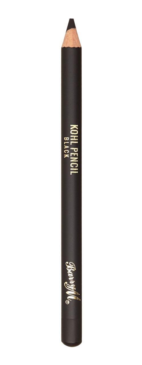 Een zwarte oogpotlood met gouden tekst die 'Kohli Pencil Black' zegt en een geslepen punt.