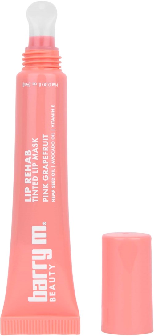 Roze lipbalsemtub met dop, gelabeld 'be you. BEAUTY' en 'LIP REPAIR,' met een afneembaar deksel.