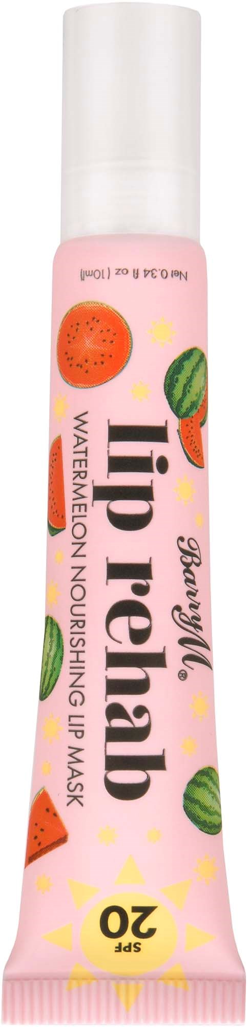 Roze tube met watermeloen en watermeloen zaden ontwerp, gelabeld "lip refresh" en "20 SPF" voor een voedende lip masker.