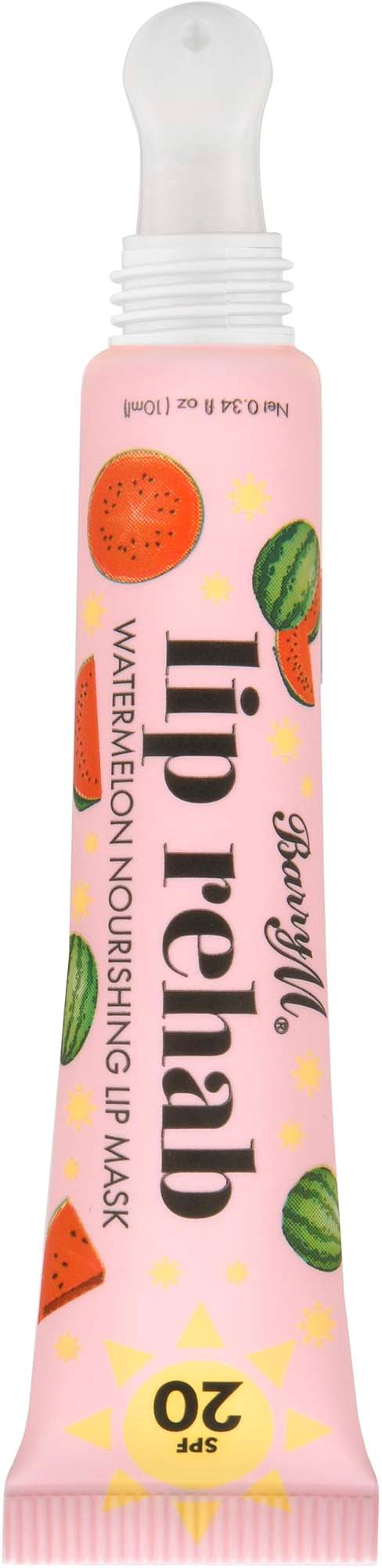 Een roze tube met kleurrijke watermeloen- en fruitsymbolen, met de tekst 'Lip Repair' en 'Watermelon Nourishing Lip Mask'.