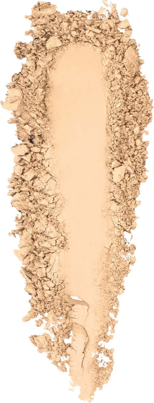 Een strook beige poeder met oneffen randen, die op een vlek of gemorste make-up lijken.