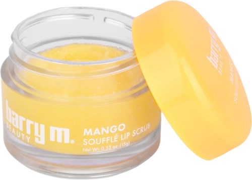 A yellow mango lip scrub in a clear jar with a yellow lid, labeled 'Mango Soufflé Lip Scrub' by Cherry M.