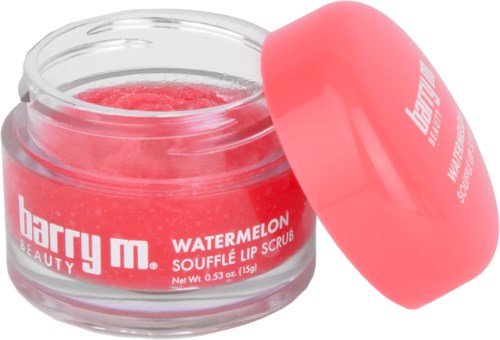 Een klein potje met watermeloengeurende scrub, open met roze deksel en roze scrub erin.