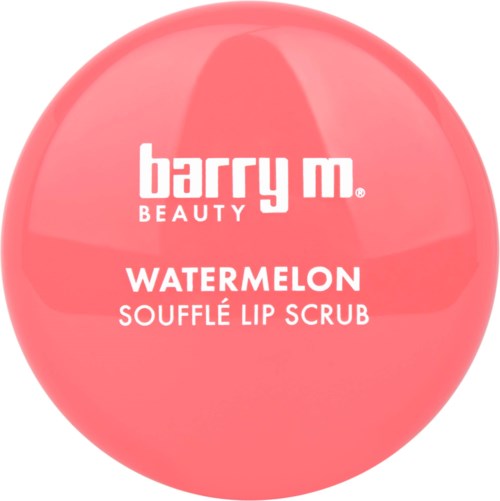 Een ronde container met de tekst 'Barry M Beauty Watermelon Soufflé Lip Scrub' in roze.