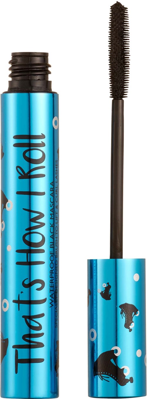 Blue mascara tube with bubbles and whale illustrations, wand with black mascara bristles.