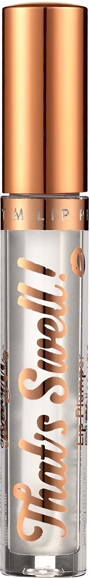 Lippenbalsem container met gouden deksel en doorzichtige lichaam die merknaam en product toont. Compact en glanzend.