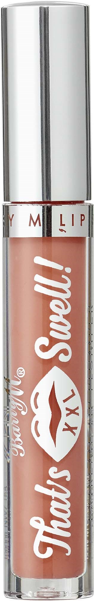 Lippenbalsem met zilveren bovenkant, perzikkleurige glans en witte tekst met "That's swell!".