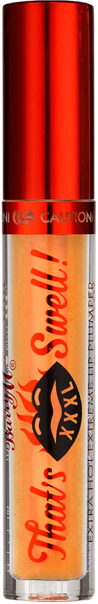 Lipgloss met een rode dop en doorzichtige tube met oranje kleur, gemarkeerd "Then's Smell!" in rood en zwart.