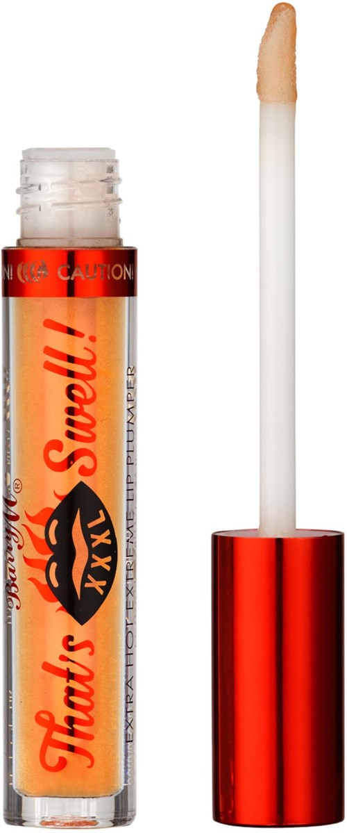 Lipglossbuis met een rode dop, doorzichtige lichaam en oranje lipstick. De merknaam 'Hentry's Swell!!!' staat erop.