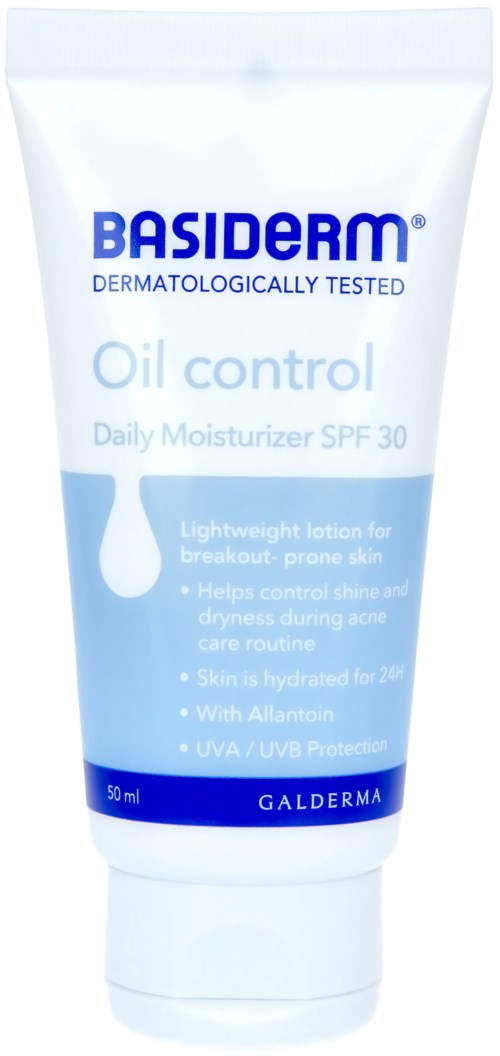 A white tube with blue text, named Basiderm Oil Control daily moisturizer, SPF 30. It offers skin hydration and UV protection.