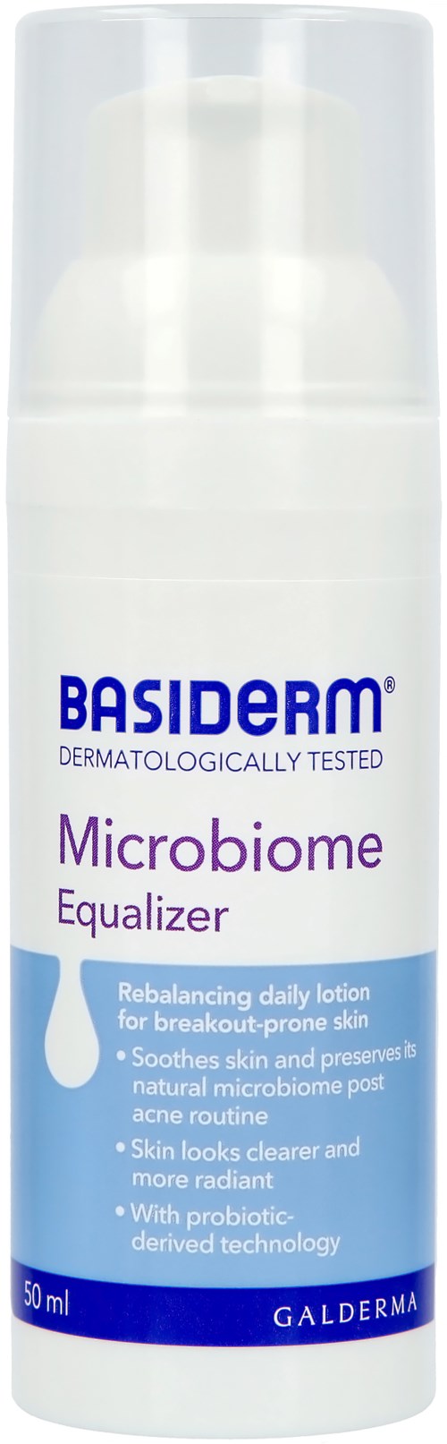 The product bottle is white with blue and purple text, labeled as Basiderm Microbiome Equalizer for skin care.