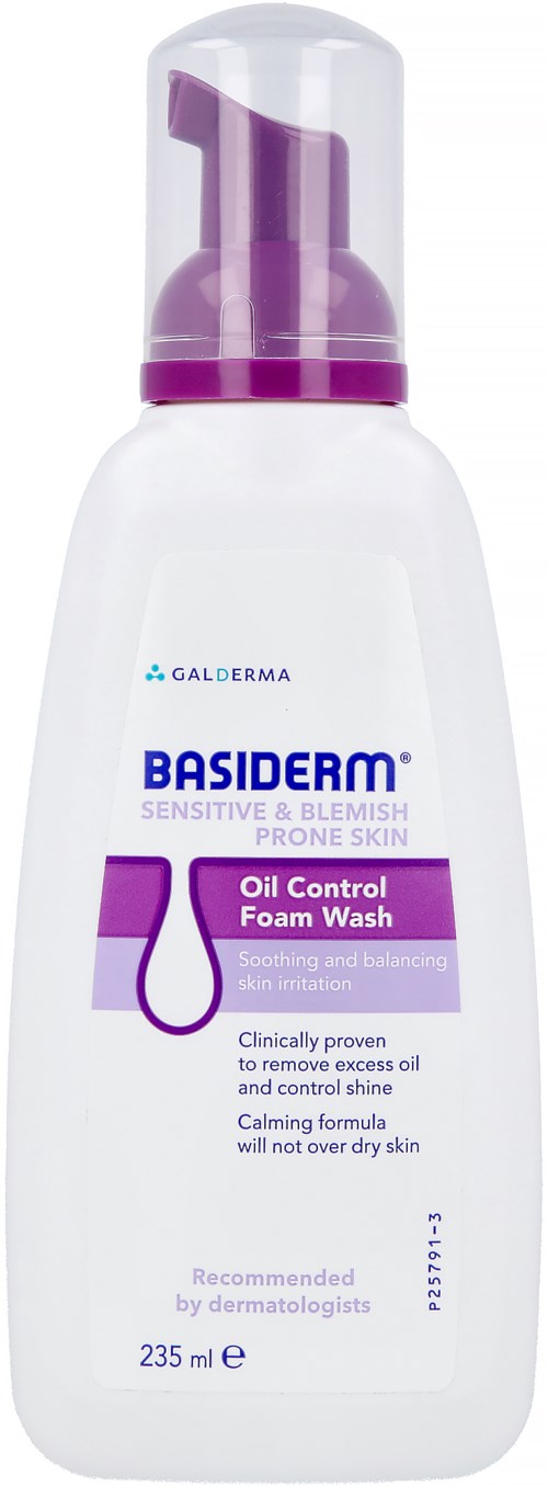 A white bottle with a purple pump contains Basiderm Oil Control Foam Wash for sensitive, blemished, prone skin.