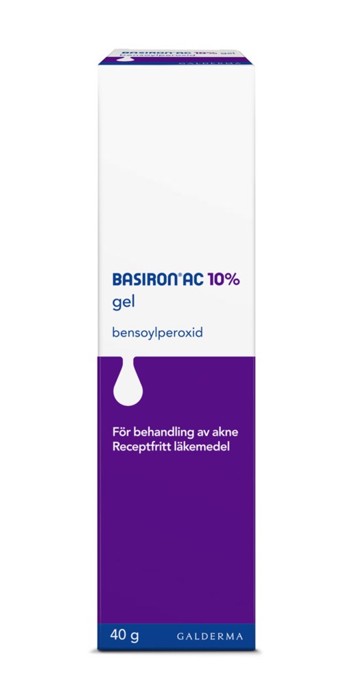 En medicinlåda med vita och lila färger, märkt 'BASIRON AC 10% gel' för behandling av acne med peroxide.
