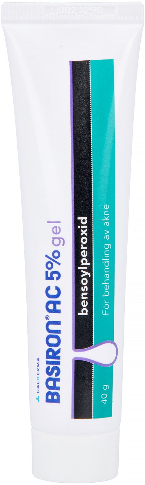  Tub med bensoylperoxidgel för aknebehandling, 40g, med blå och svart design och lila text.