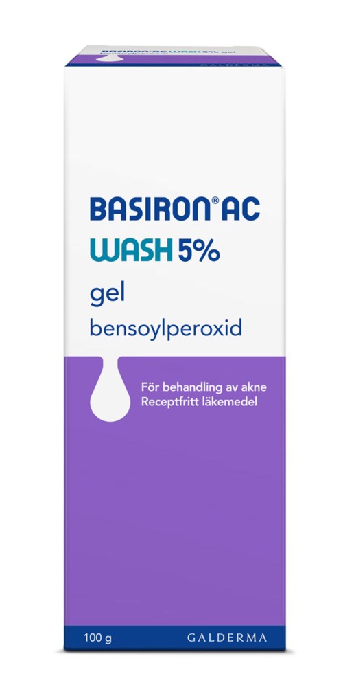 Förpackning med gel innehållande 5 % bensoylperoxid för behandling av akne, från Galderma.
