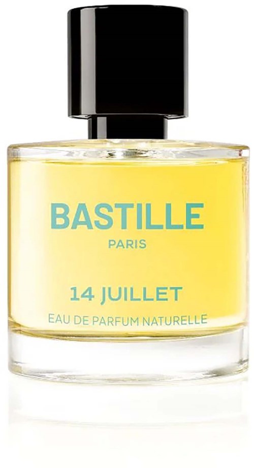 Bastille Paris parfymflaska med gul vätska, svart lock och etikett med 14 juli och naturlig parfym.