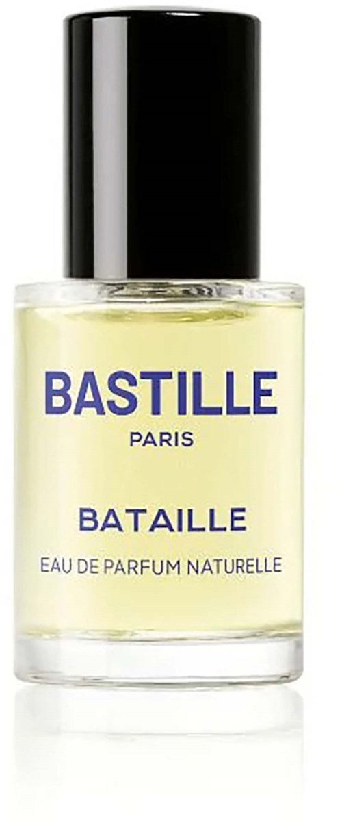 En tydlig parfymflaska i glas med svart lock, märkt Bastille Paris Bataille Eau de Parfum Naturelle.