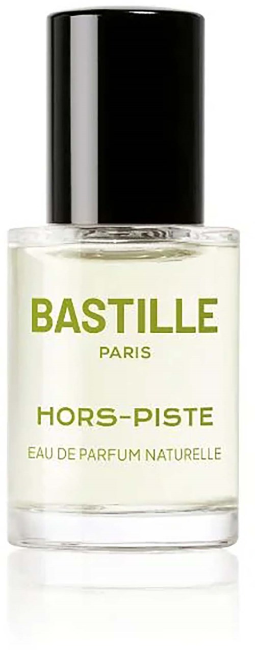 Bastille Paris Hors-Piste parfymflaska med svart lock och klart glas som visar gult flytande.