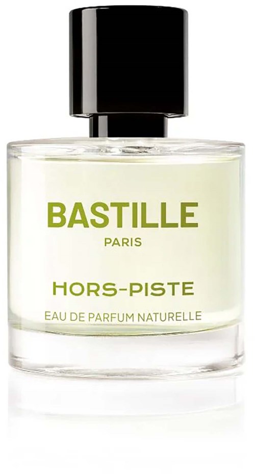 En tydlig glaskaraff med svart lock och gröna bokstäver, innehållande Bastille Paris Hors-Piste doft.