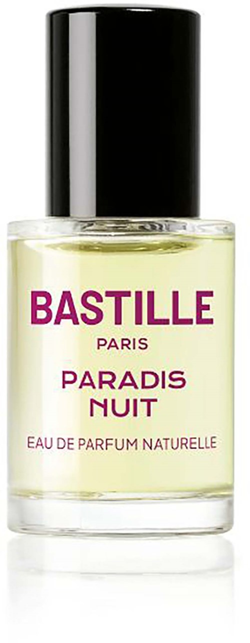 En klar parfylla med svart lock märkt Bastille Paris Paradis Nuit Eau de Parfum naturale.