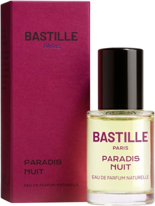 Bastille Paradis Nuit parfymflaska och matchande rosa förpackning.