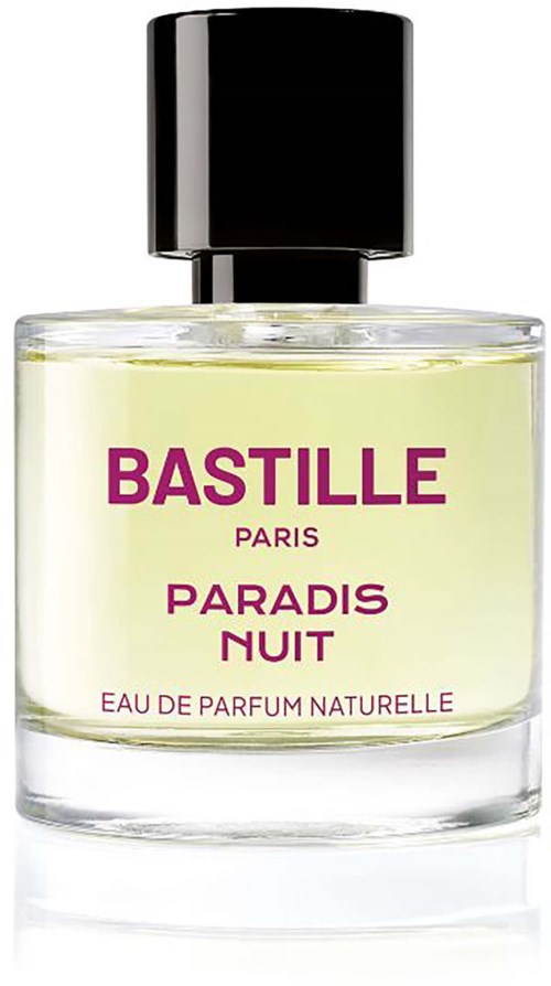 Parfymflaska i glas med svart lock, märkt Bastille Paris Paradis Nuit, Eau de Parfum Naturelle.