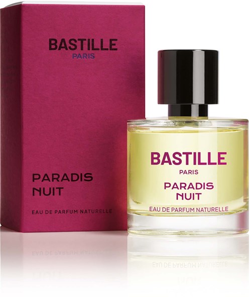 En parfymflaska märkt Bastille Paradis Nuit bredvid sin rosa förpackningskartong.