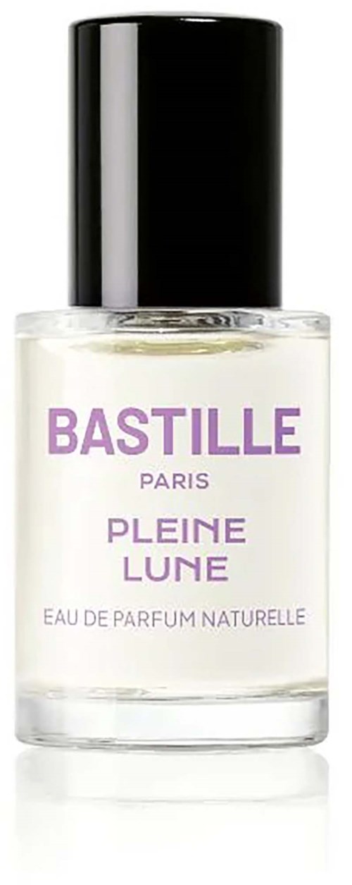 Bastille Paris Pleine Lune naturlig parfym i en klar glasflaska med svart lock och lila text.