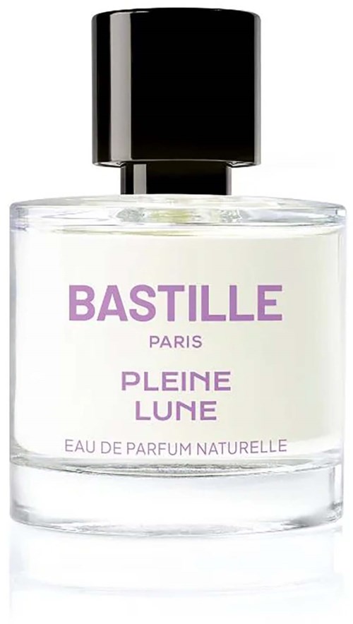 Bastille Paris Pleine Lune naturlig parfym i en klar glasflaska med svart lock och lila text.