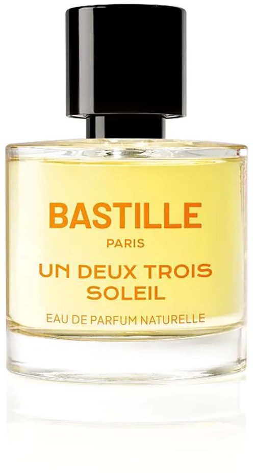 Bastille Paris Un Deux Trois Soleil naturlig parfym i en tydlig flaska med svart lock och orange text.