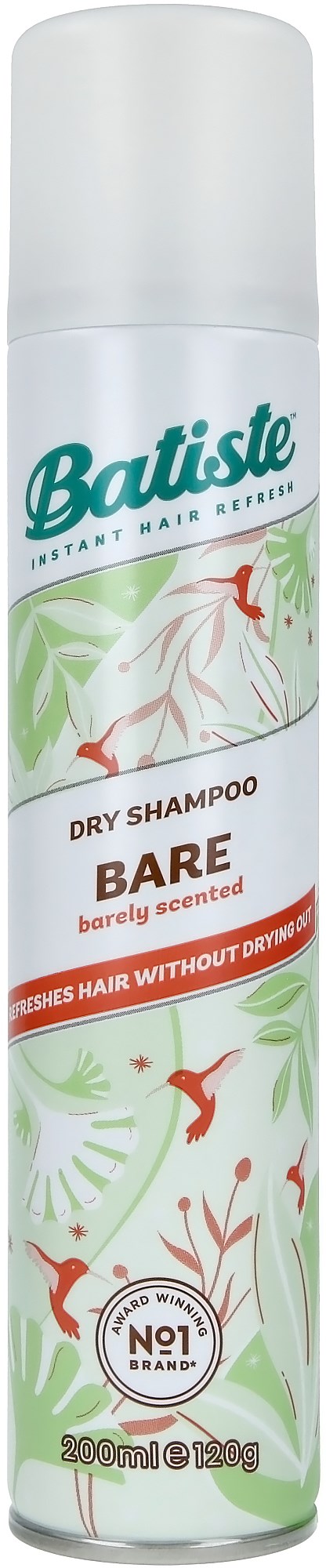 Een witte fles Batiste droogshampoo met groene en rode bladeren en roze kolibries.