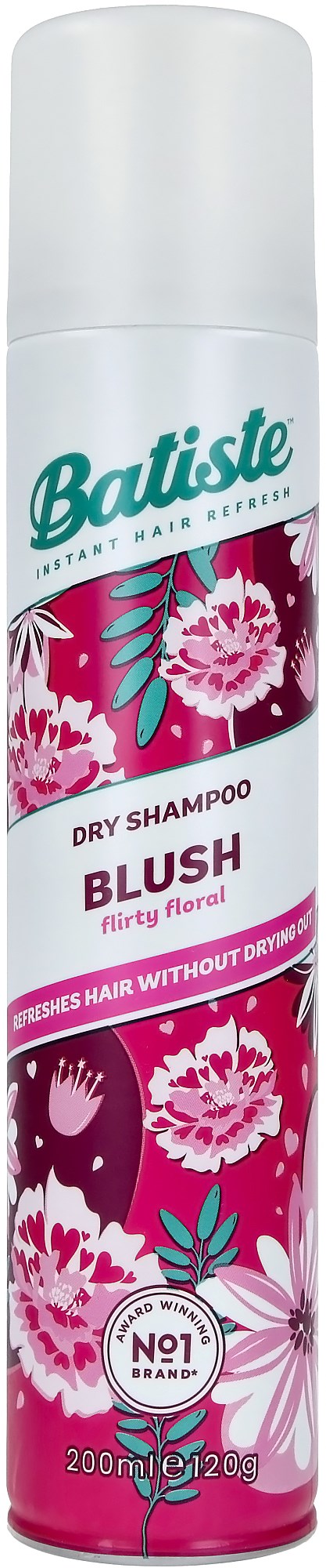 Een busje droogshampoo met bloemendessin, roze en witte kleuren, en merknaam Batiste.