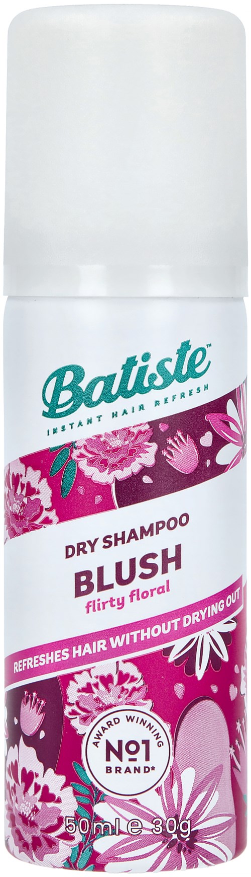 Een busje Batiste droogshampoo genaamd Blush met bloemendecoratie en roze en witte kleuren.