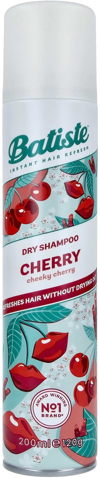 Een wit blikje Batiste droogshampoo met kersenafbeeldingen en rode tekst die kersengeur en frisheid benadrukt.