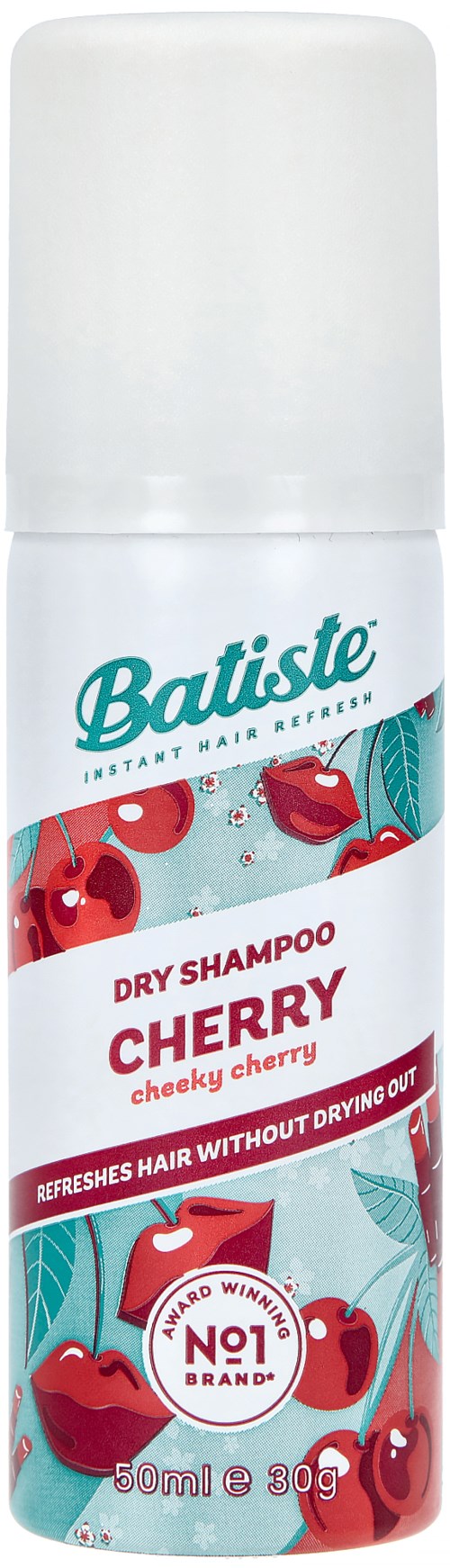 En vit och röd burk med Batiste torrschampo med körsbär på etiketten, visar att det fräschar upp håret utan vatten.