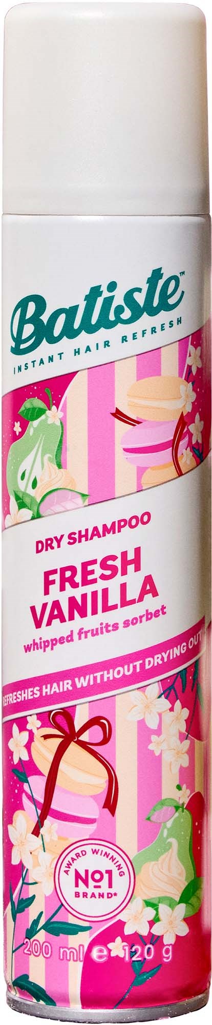 Kuivashampoopullo, jossa pinkki ja valkoinen muotoilu, vanilja- ja hedelmäkuvituksia, merkitty Fresh Vanilla.