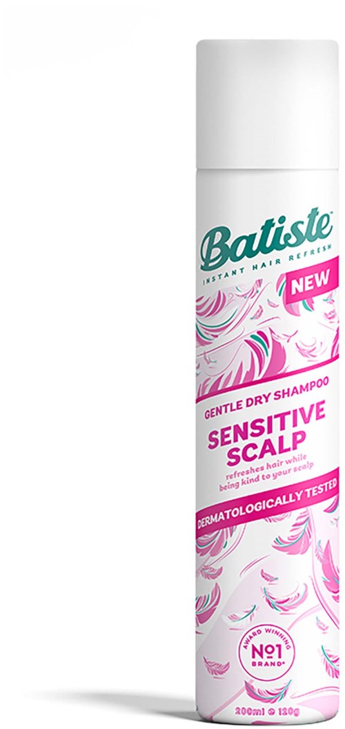 A white cylindrical bottle of Batiste dry shampoo for sensitive scalp, with pink and green label, and product details.