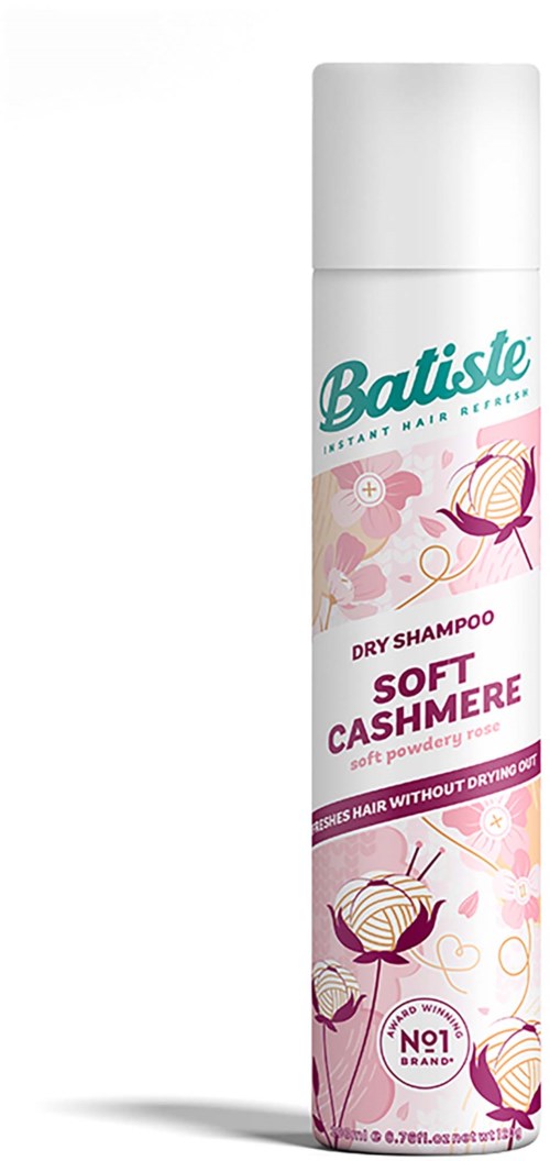 Valkoinen tölkki Batiste-kuivashampoolla, jossa on pinkki ja violetti teksti ja lankakeräkuvat.