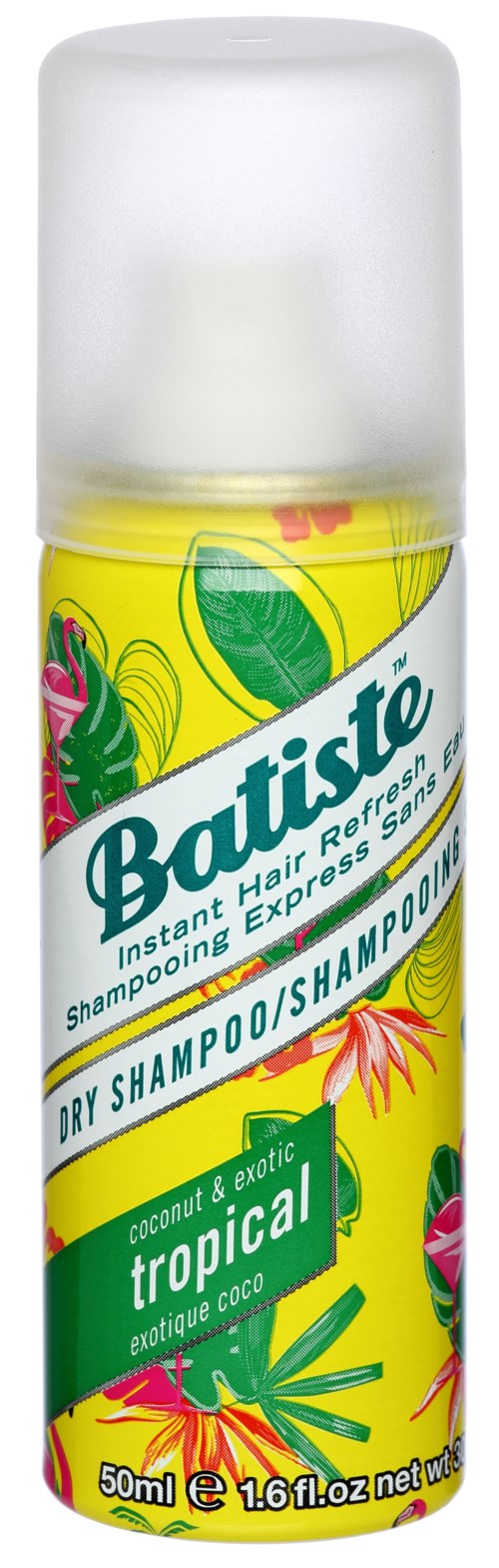 En liten gul flaska med Batiste torrschampo med tropisk kokosdoft och färgglad blommig design.