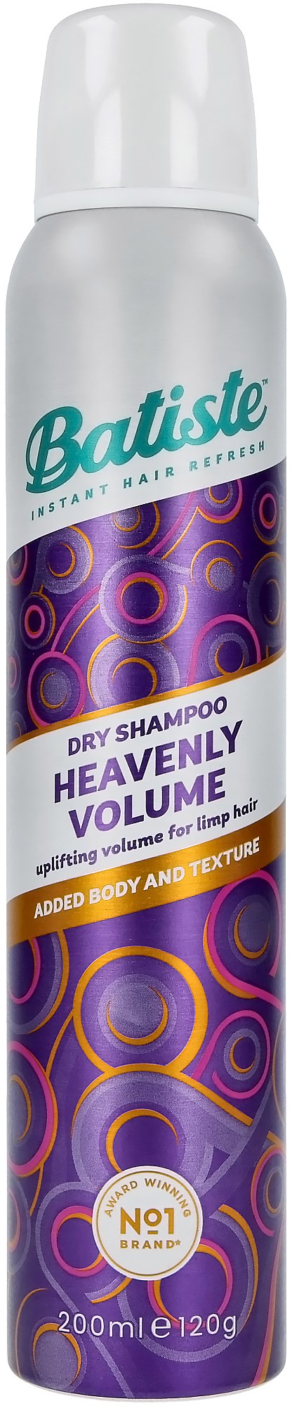 Een busje Batiste droogshampoo met een paars en oranje cirkelvormig ontwerp, met het label 'Heavenly Volume' voor volume en textuur.