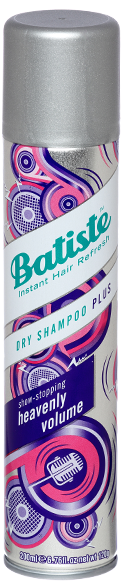 Een spuitbus met Batiste droogshampoo met een kleurrijk, abstract ontwerp en een zilveren deksel.