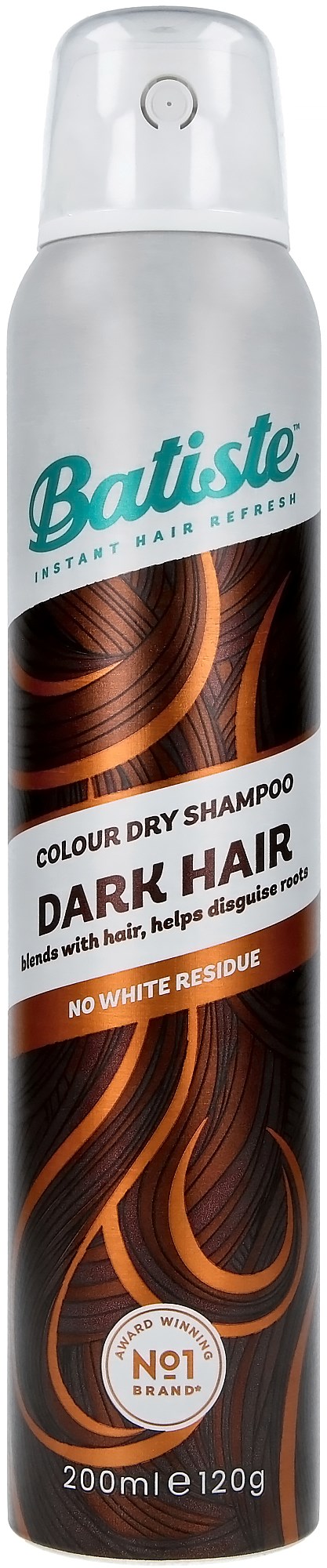 Een lange zilveren spraybus met sproeikop, labeled Batiste Dark Hair dry shampoo, met afbeeldingen van bruin haar en beweert witte residu te verwijderen.