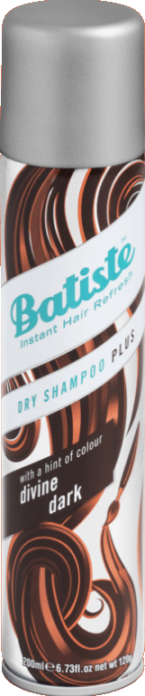 Een busje droogshampoo van Batiste met de naam "Divine Dark" en een gespiraliseerd bruin en wit ontwerp.