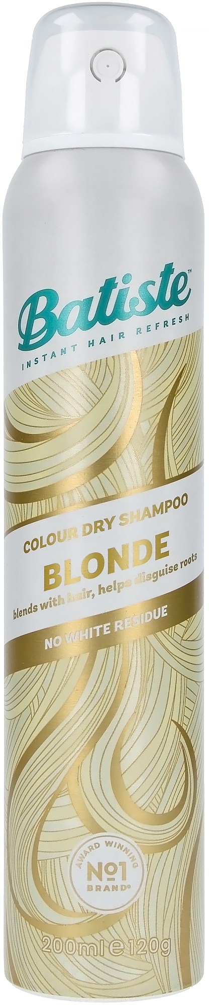 Een lange, witte spuitbus met Batiste droogshampoo, afbeelding van blond haar en goudaccenten.