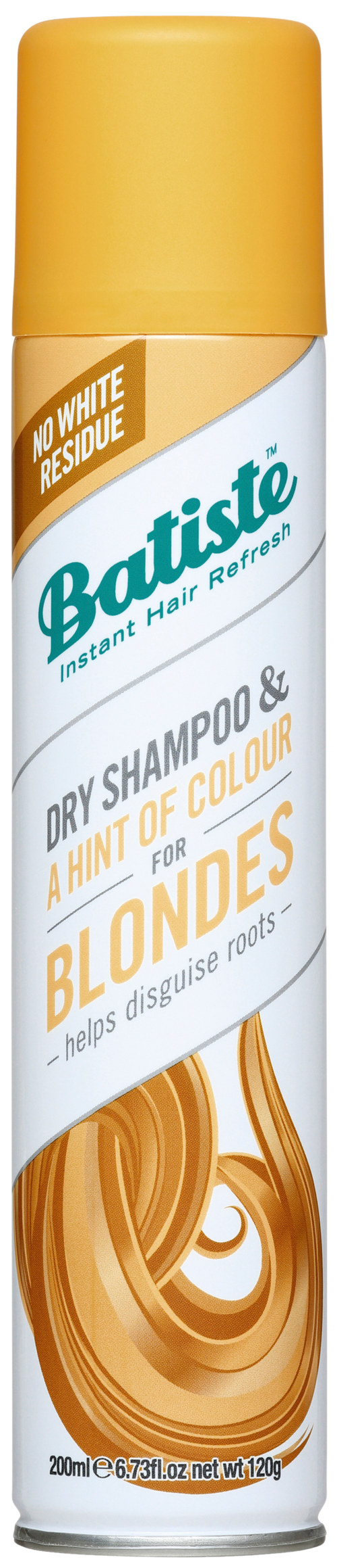 Een bus Batiste droogshampoo met gele dop, bedoeld voor blondines, helpt om uitgroei te verbergen, laat geen witte resten achter.
