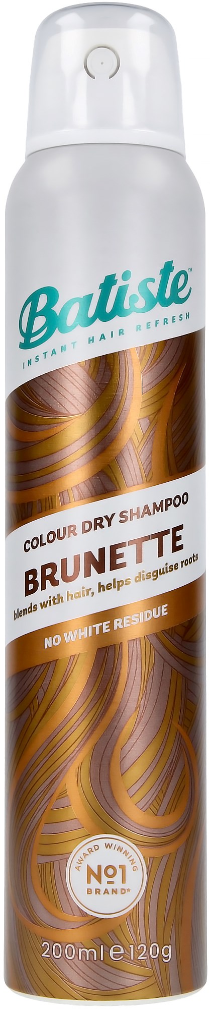 Een lange, witte fles met een label met bruin en blond haar, en tekst die aangeeft dat het droogshampoo voor brunette is.