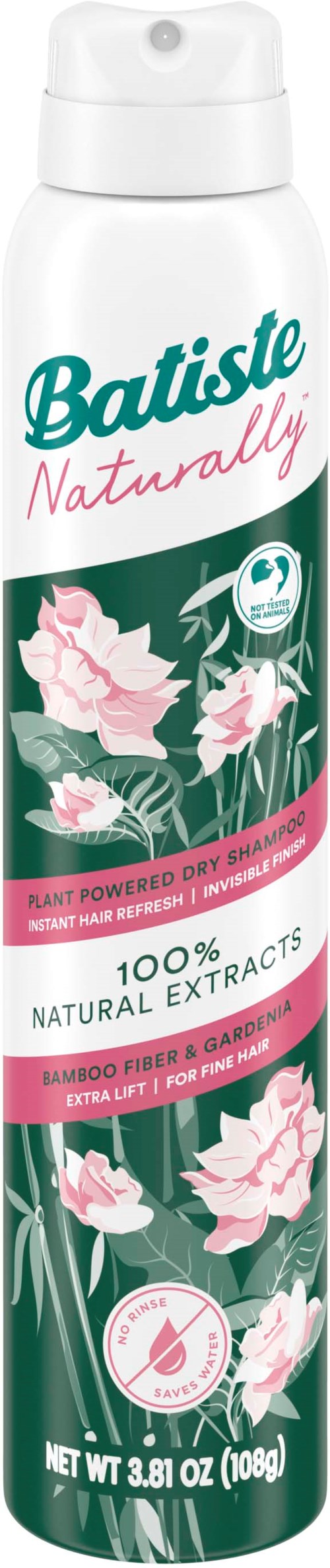 Een lang wit spuitbus met roze en groene label met bloemen en productinformatie.