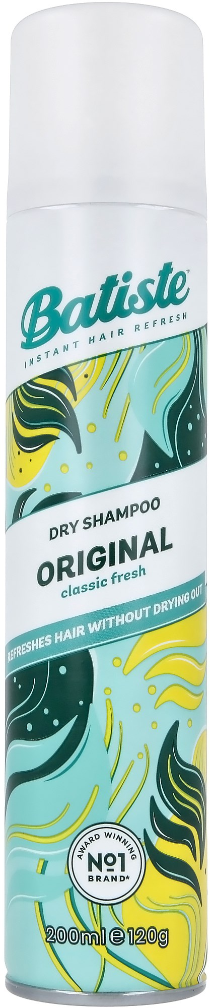 Eine lange weiße Dose Batiste Trockenshampoo mit buntem abstrakten Design, gekennzeichnet als 'Original' und 'classic fresh.'