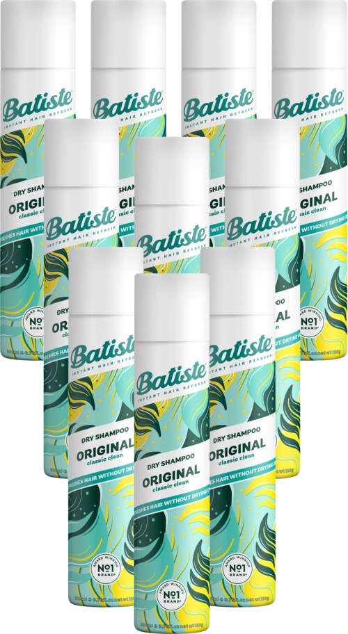 Meerdere flessen Batiste droogshampoo gerangschikt in een groep, met kleurrijk groen, geel en zwart gedraaid ontwerp.